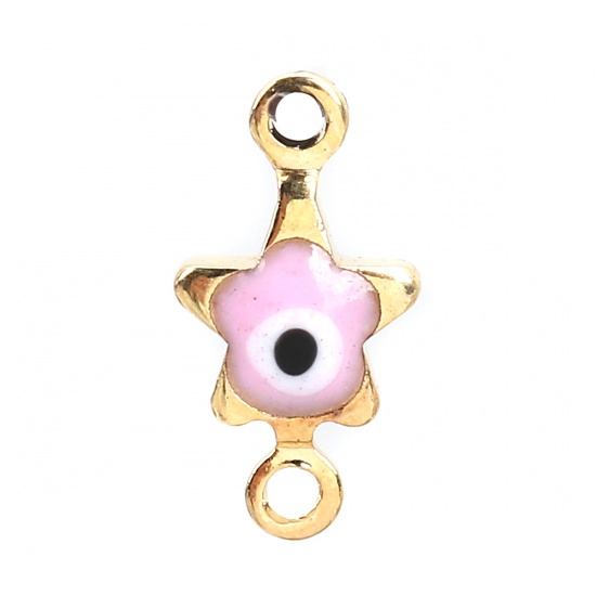 Picture of Brass Connectors Pentagram Star Gold Plated Light Pink Evil Eye Enamel 11mm( 3/8") x 6mm( 2/8"), 10 PCs                                                                                                                                                       