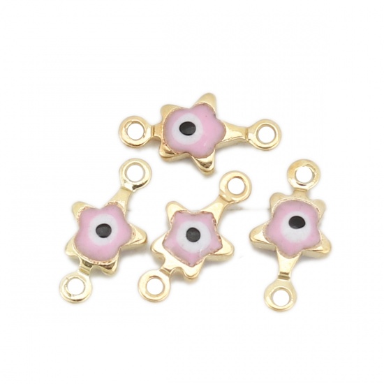 Picture of Brass Connectors Pentagram Star Gold Plated Light Pink Evil Eye Enamel 11mm( 3/8") x 6mm( 2/8"), 10 PCs                                                                                                                                                       