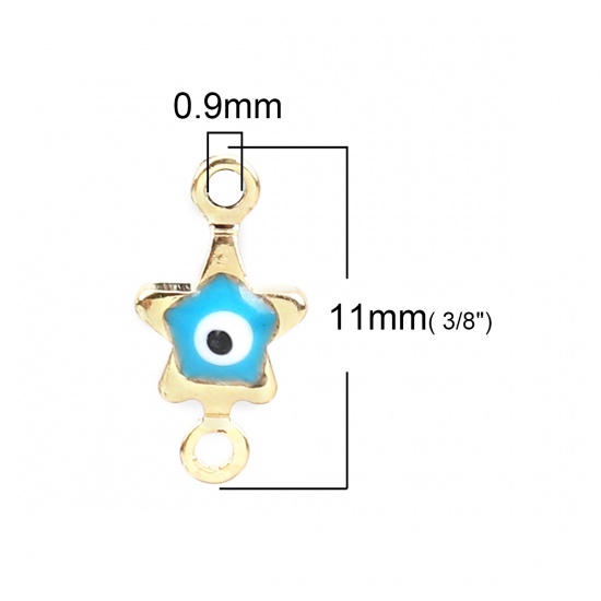 Picture of Brass Connectors Pentagram Star Gold Plated Skyblue Evil Eye Enamel 11mm( 3/8") x 6mm( 2/8"), 10 PCs                                                                                                                                                          