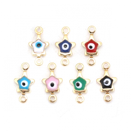Picture of Brass Connectors Pentagram Star Gold Plated Skyblue Evil Eye Enamel 11mm( 3/8") x 6mm( 2/8"), 10 PCs                                                                                                                                                          
