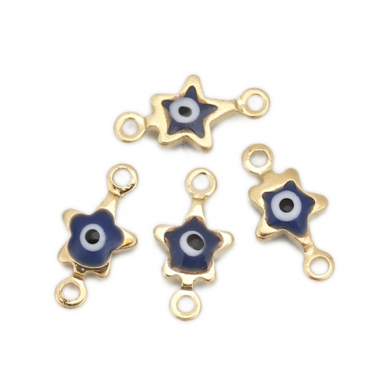 Picture of Brass Connectors Pentagram Star Gold Plated Royal Blue Evil Eye Enamel 11mm( 3/8") x 6mm( 2/8"), 10 PCs                                                                                                                                                       