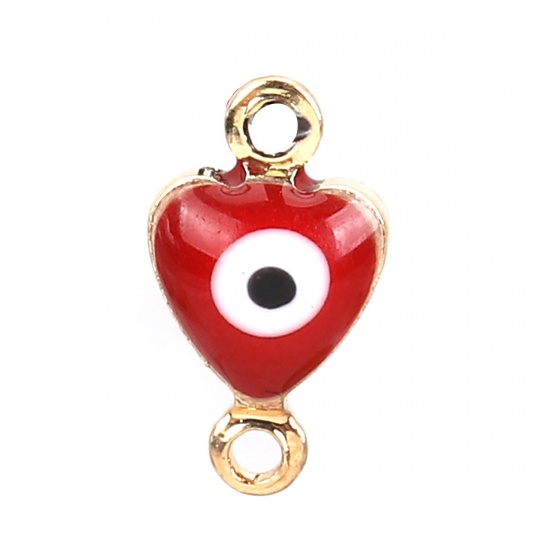 Picture of Copper Connectors Heart Gold Plated Red Evil Eye Enamel 10mm( 3/8") x 6mm( 2/8"), 10 PCs