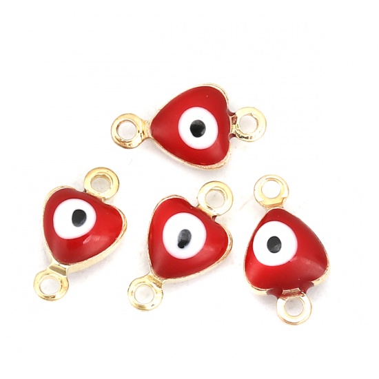 Picture of Brass Connectors Heart Gold Plated Red Evil Eye Enamel 10mm( 3/8") x 6mm( 2/8"), 10 PCs