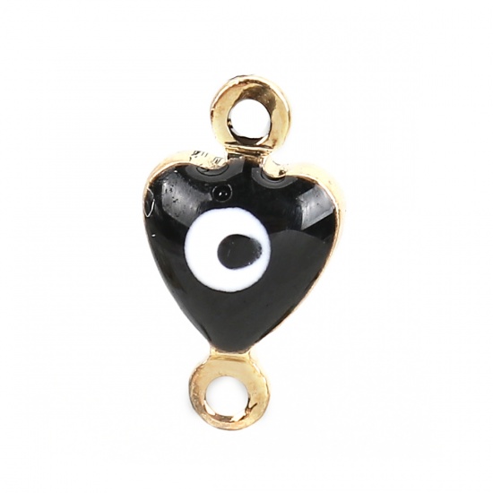 Picture of Brass Connectors Heart Gold Plated Black Evil Eye Enamel 10mm( 3/8") x 6mm( 2/8"), 10 PCs                                                                                                                                                                     