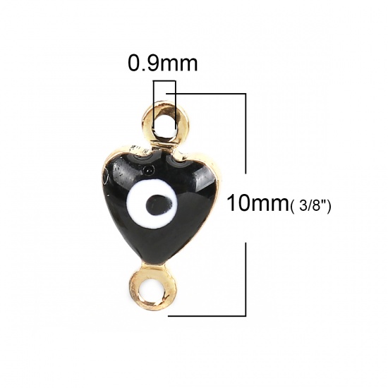 Picture of Brass Connectors Heart Gold Plated Black Evil Eye Enamel 10mm( 3/8") x 6mm( 2/8"), 10 PCs