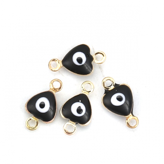 Picture of Brass Connectors Heart Gold Plated Black Evil Eye Enamel 10mm( 3/8") x 6mm( 2/8"), 10 PCs