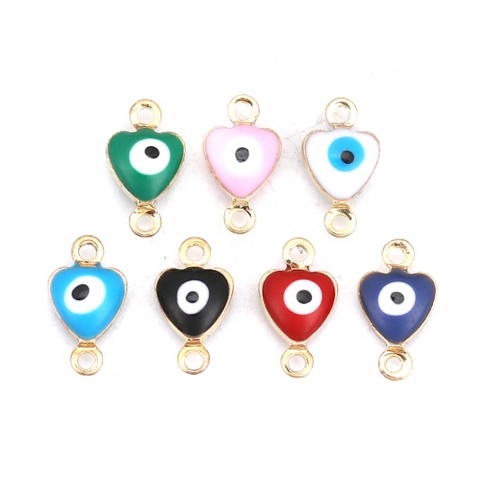 Picture of Brass Connectors Heart Gold Plated Black Evil Eye Enamel 10mm( 3/8") x 6mm( 2/8"), 10 PCs