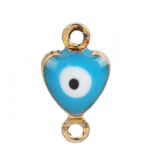 Picture of Brass Connectors Heart Gold Plated Blue Evil Eye Enamel 10mm( 3/8") x 6mm( 2/8"), 10 PCs                                                                                                                                                                      