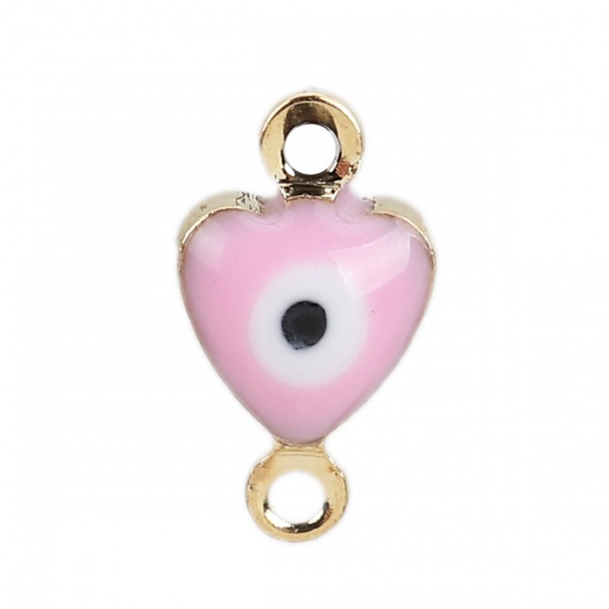 Picture of Brass Connectors Heart Gold Plated Light Pink Evil Eye Enamel 10mm( 3/8") x 6mm( 2/8"), 10 PCs                                                                                                                                                                
