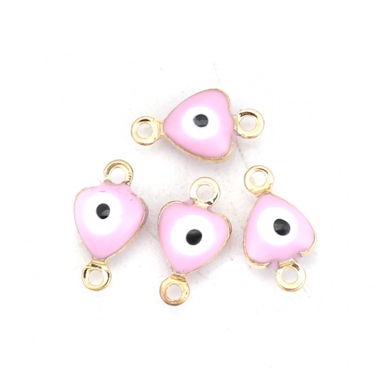 Picture of Brass Connectors Heart Gold Plated Light Pink Evil Eye Enamel 10mm( 3/8") x 6mm( 2/8"), 10 PCs
