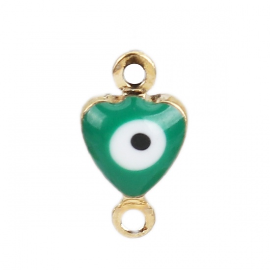 Picture of Brass Connectors Heart Gold Plated Green Evil Eye Enamel 10mm( 3/8") x 6mm( 2/8"), 10 PCs