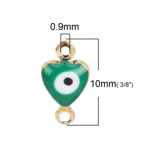 Picture of Brass Connectors Heart Gold Plated Green Evil Eye Enamel 10mm( 3/8") x 6mm( 2/8"), 10 PCs