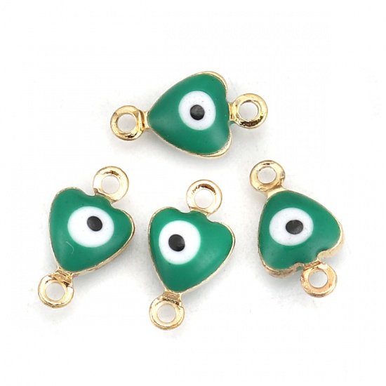 Picture of Brass Connectors Heart Gold Plated Green Evil Eye Enamel 10mm( 3/8") x 6mm( 2/8"), 10 PCs