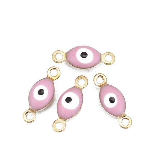 Picture of Brass Connectors Marquise Gold Plated Light Pink Evil Eye Enamel 11mm( 3/8") x 4mm( 1/8"), 10 PCs                                                                                                                                                             