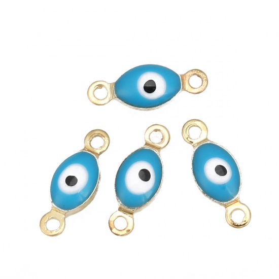 Picture of Brass Connectors Marquise Gold Plated Skyblue Evil Eye Enamel 11mm( 3/8") x 4mm( 1/8"), 10 PCs                                                                                                                                                                