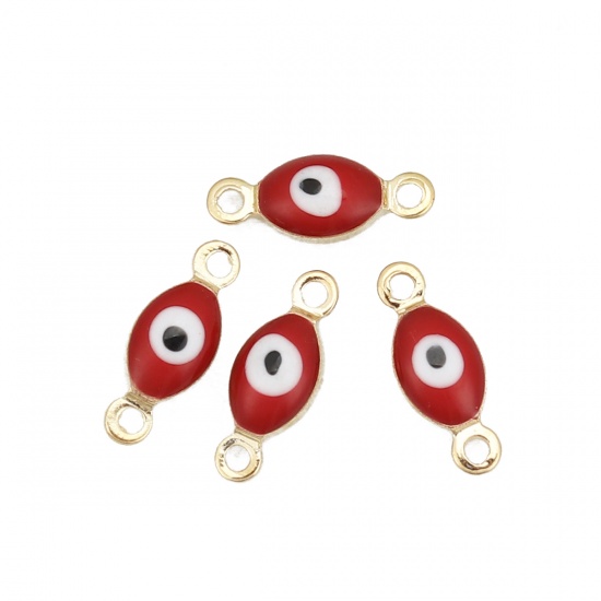 Picture of Brass Connectors Marquise Gold Plated Red Evil Eye Enamel 11mm( 3/8") x 4mm( 1/8"), 10 PCs                                                                                                                                                                    