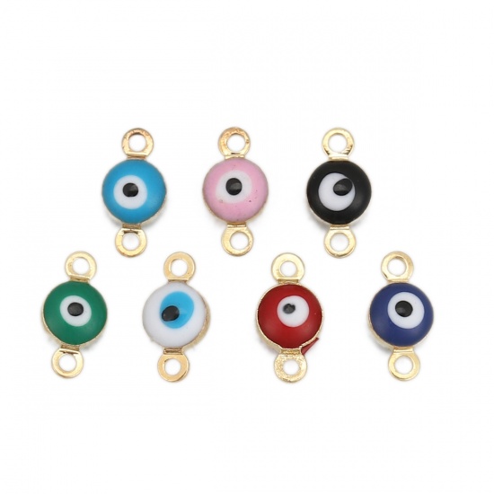 Picture of Brass Connectors Round Gold Plated Royal Blue Evil Eye Enamel 9mm( 3/8") x 5mm( 2/8"), 10 PCs                                                                                                                                                                 