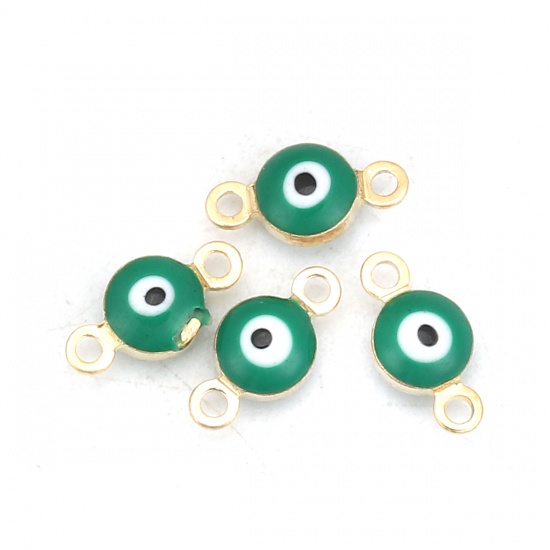 Picture of Brass Connectors Round Gold Plated Green Evil Eye Enamel 9mm( 3/8") x 5mm( 2/8"), 10 PCs                                                                                                                                                                      