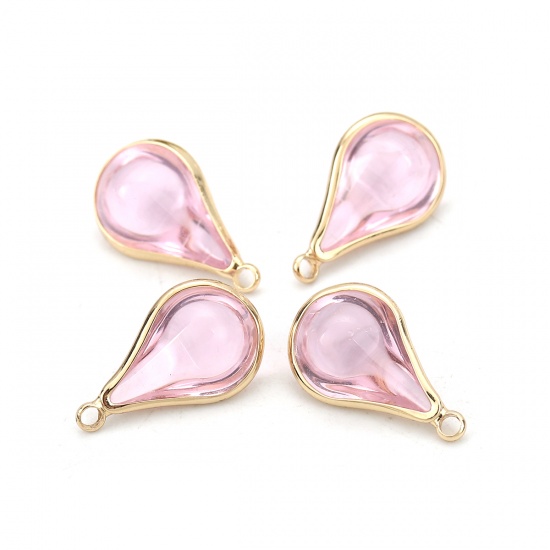Picture of Brass & Glass Charms Drop Gold Plated Light Pink 18mm x10mm( 6/8" x 3/8") - 17mm x10mm( 5/8" x 3/8"), 5 PCs                                                                                                                                                   