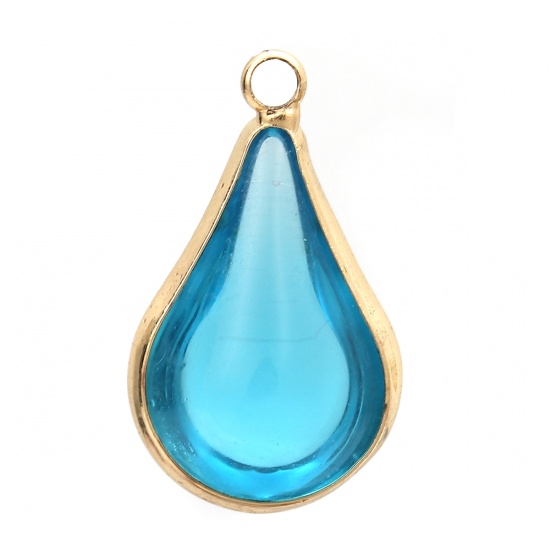 Picture of Brass & Glass Charms Drop Gold Plated Blue 18mm x10mm( 6/8" x 3/8") - 17mm x10mm( 5/8" x 3/8"), 5 PCs                                                                                                                                                         