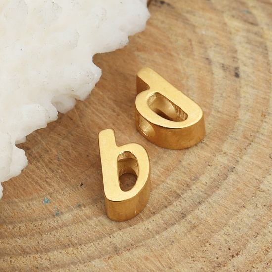 Picture of 304 Stainless Steel Spacer Beads Lowercase Letter Gold Plated " b " 9mm( 3/8") x 5mm( 2/8"), Hole: Approx 2.4mm, 1 Piece
