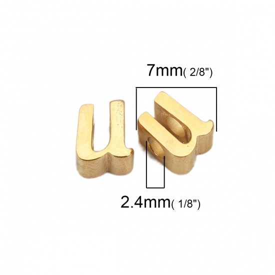 Picture of 304 Stainless Steel Spacer Beads Lowercase Letter Gold Plated " u " 7mm( 2/8") x 6mm( 2/8"), Hole: Approx 2.4mm, 1 Piece