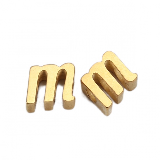 Picture of 304 Stainless Steel Spacer Beads Lowercase Letter Gold Plated " m " 8mm( 3/8") x 7mm( 2/8"), Hole: Approx 2.4mm, 1 Piece