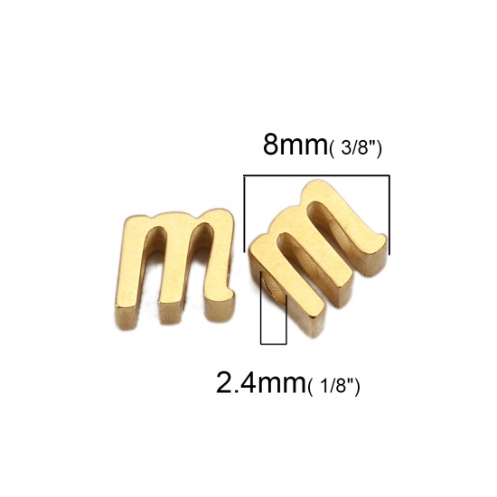 Picture of 304 Stainless Steel Spacer Beads Lowercase Letter Gold Plated " m " 8mm( 3/8") x 7mm( 2/8"), Hole: Approx 2.4mm, 1 Piece