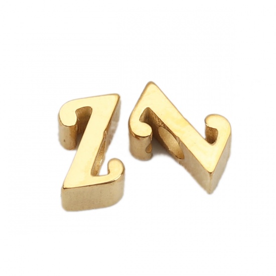 Immagine di 304 Acciaio Inossidabile Perline Lettere Minuscole Oro Placcato " z " 7mm x 5mm, Buco: Circa 2.4mm, 1 Pz