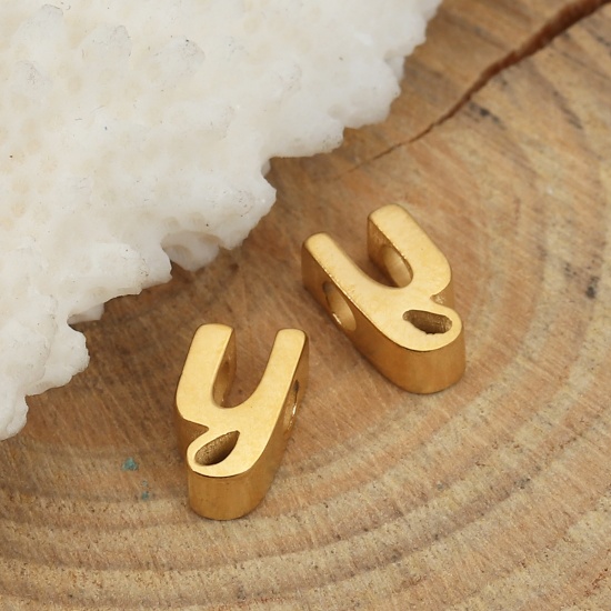 Picture of 304 Stainless Steel Spacer Beads Lowercase Letter Gold Plated " y " 9mm( 3/8") x 5mm( 2/8"), Hole: Approx 2.4mm, 1 Piece