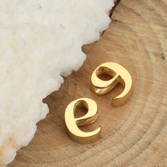 Picture of 304 Stainless Steel Spacer Beads Lowercase Letter Gold Plated " e " 8mm( 3/8") x 6mm( 2/8"), Hole: Approx 2.4mm, 1 Piece