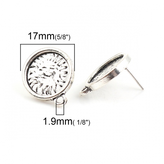 Picture of Zinc Based Alloy Ear Post Stud Earrings Findings Round Antique Silver Color W/ Loop Cabochon Settings (Fit 14mm Dia.) 21mm( 7/8") x 17mm( 5/8"), Post/ Wire Size: (21 gauge), 30 PCs