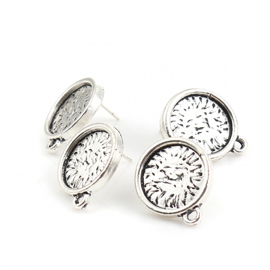 Picture of Zinc Based Alloy Ear Post Stud Earrings Findings Round Antique Silver Color W/ Loop Cabochon Settings (Fit 14mm Dia.) 21mm( 7/8") x 17mm( 5/8"), Post/ Wire Size: (21 gauge), 30 PCs