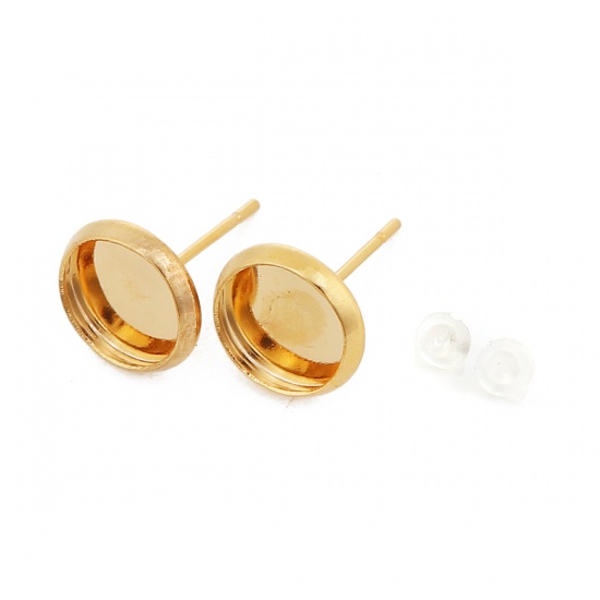 Picture of Brass Ear Post Stud Earrings Round Gold Plated Cabochon Settings (Fits 8mm Dia.) 10mm( 3/8") Dia., Post/ Wire Size: (21 gauge), 10 PCs                                                                                                                        