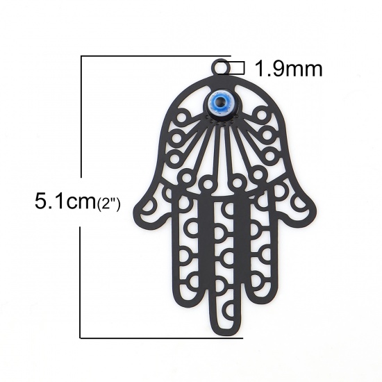 Image de Pendentifs en Acrylique & Laiton Khamsa Symbole Paume Noir Œil Mauvais 51mm x 34mm, 5 Pcs
