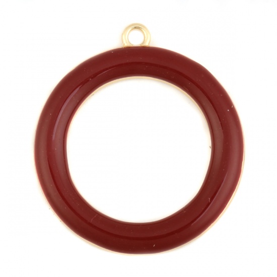 Picture of Zinc Based Alloy Pendants Circle Ring Gold Plated Red Full Enamel 3.3cm(1 2/8") x 3cm(1 1/8"), 5 PCs