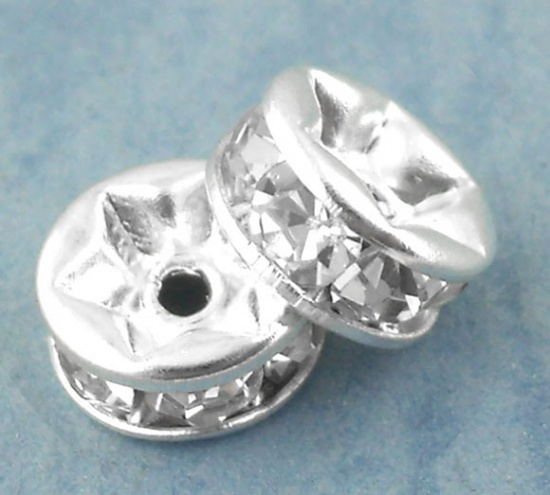 Picture of Brass Rondelle Spacer Beads Round Silver Plated Clear Rhinestone About 6mm( 2/8") Dia, Hole:Approx 1.5mm, 30 PCs                                                                                                                                              