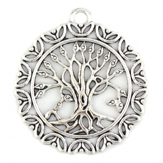 Picture of Zinc Based Alloy Pendants Round Antique Silver Tree of Life 5.1cm(2") x 4.6cm(1 6/8"), 10 PCs