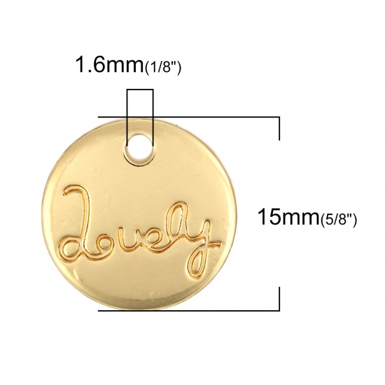 Immagine di Lega di Zinco Charms Tondo Oro Placcato Lettere " Lovely " 15mm Dia, 20 Pz