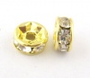 Picture of Brass Rondelle Spacer Beads Round Gold Plated Clear Rhinestone About 6mm( 2/8") Dia, Hole:Approx 1.5mm, 30 PCs                                                                                                                                                