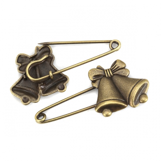 Picture of Zinc Based Alloy Pin Brooches Findings Christmas Jingle Bell Antique Bronze 60mm(2 3/8") x 28mm(1 1/8"), 5 PCs
