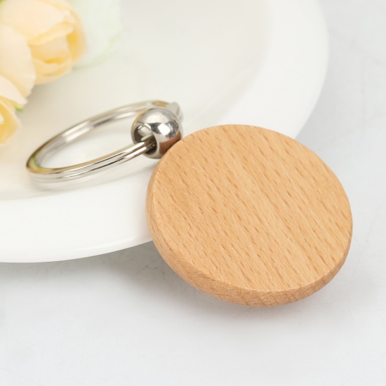 Picture of Wood Keychain & Keyring Silver Tone Natural Round 75mm x 40mm, 2 PCs
