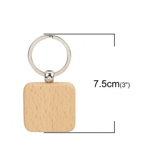 Picture of Wood Keychain & Keyring Silver Tone Natural Square 75mm x 40mm, 2 PCs