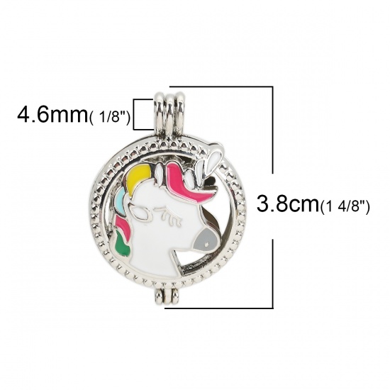 Bild von Zinklegierung Wunsch Perlenkäfig Schmuck Anhänger Rund Pferd Silberfarbe Bunt Emaille Zum Öffnen (Für Perlengröße: 8mm) 38mm x 27mm, 2 Stück
