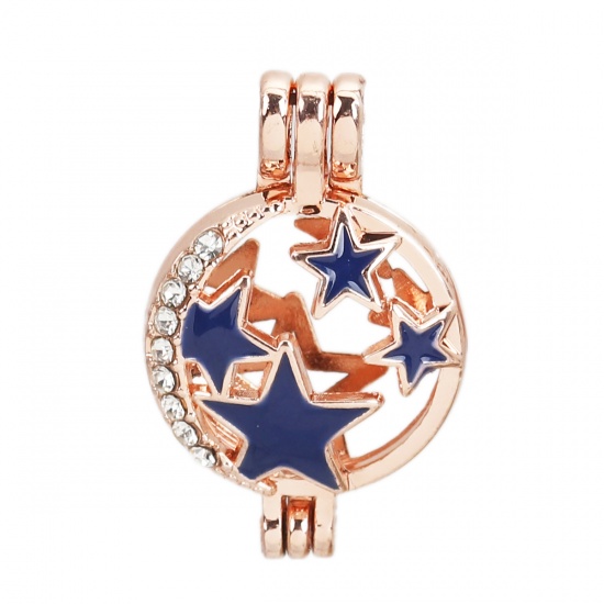 Picture of Zinc Based Alloy Wish Pearl Locket Jewelry Charms Round Star Rose Gold Blue Enamel Clear Rhinestone Can Open (Fit Bead Size: 6mm) 28mm(1 1/8") x 18mm( 6/8"), 2 PCs