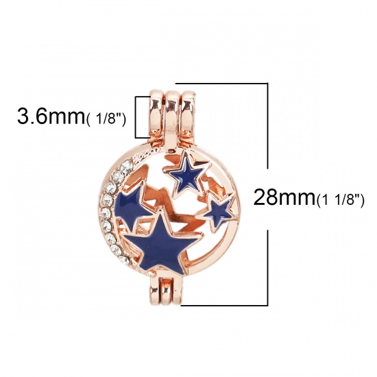 Picture of Zinc Based Alloy Wish Pearl Locket Jewelry Charms Round Star Rose Gold Blue Enamel Clear Rhinestone Can Open (Fit Bead Size: 6mm) 28mm(1 1/8") x 18mm( 6/8"), 2 PCs