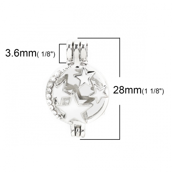Bild von Zinklegierung Wunsch Perlenkäfig Schmuck Charms Rund Stern Silberfarbe Weiß Emaille Transparent Strass Zum Öffnen (Für Perlengröße: 6mm) 28mm x 18mm, 2 Stück