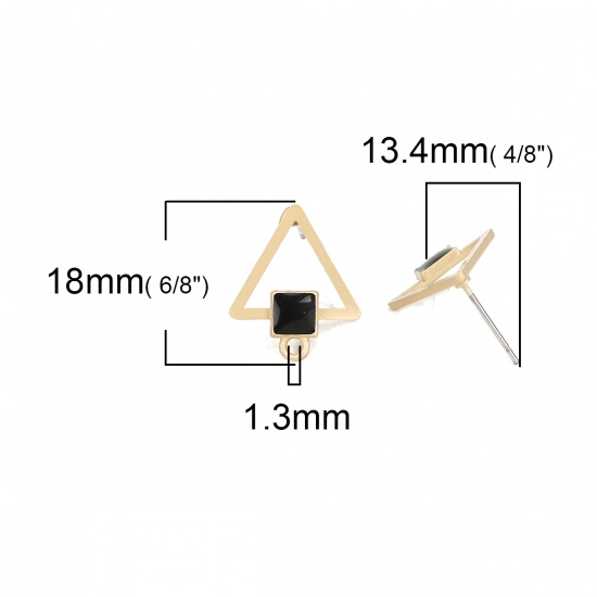 Picture of Zinc Based Alloy Ear Post Stud Earrings Findings Triangle Matt Gold Black Enamel Square W/ Loop 18mm x 15mm, Post/ Wire Size: (21 gauge), 10 PCs