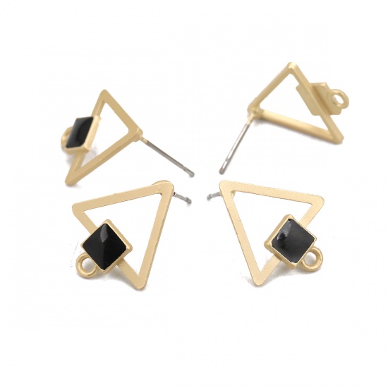 Picture of Zinc Based Alloy Ear Post Stud Earrings Findings Triangle Matt Gold Black Enamel Square W/ Loop 18mm x 15mm, Post/ Wire Size: (21 gauge), 10 PCs