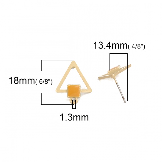 Picture of Zinc Based Alloy Ear Post Stud Earrings Findings Triangle Matt Gold Orange Enamel Square W/ Loop 18mm x 15mm, Post/ Wire Size: (21 gauge), 10 PCs